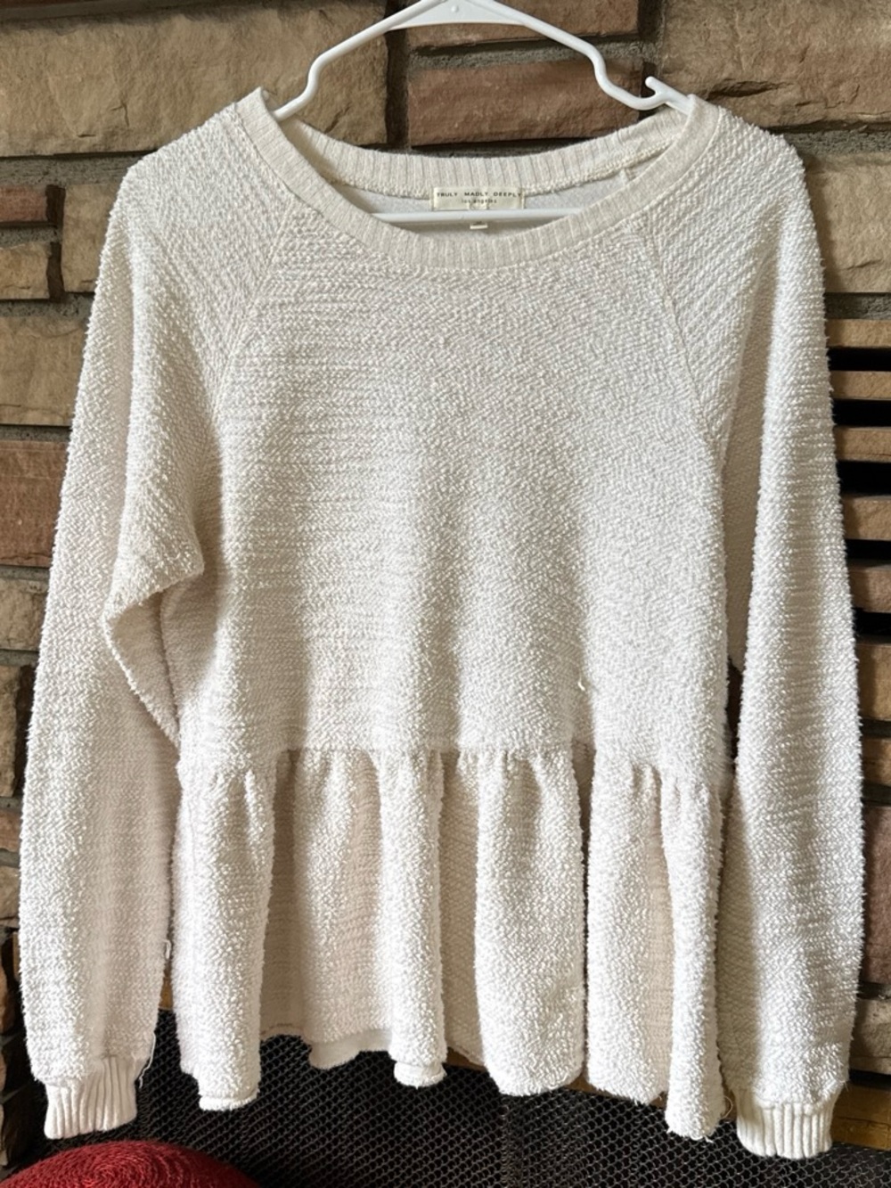 Truly Madly Deeply Cream Textured Peplum Crew Sweater